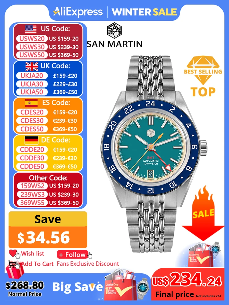 San Martin Original Design Fashion GMT 39.5mm Men Sports Watch Japan NH34 Automatic Mechanical Waterproof 100m SN0116 Reloj