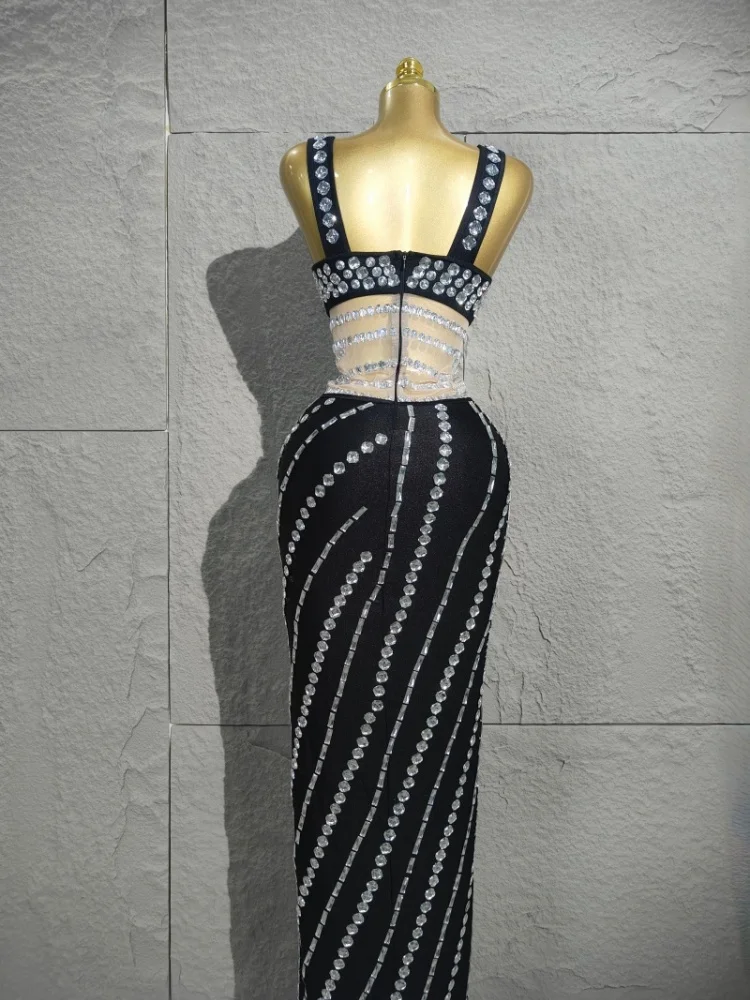 فستان طويل مغرية بأحجار الراين اللامعة الشبكية المقسمة للاحتفال بالسهرات وحفلات أعياد الميلاد وملابس التقاط الصور زي الأداء #6