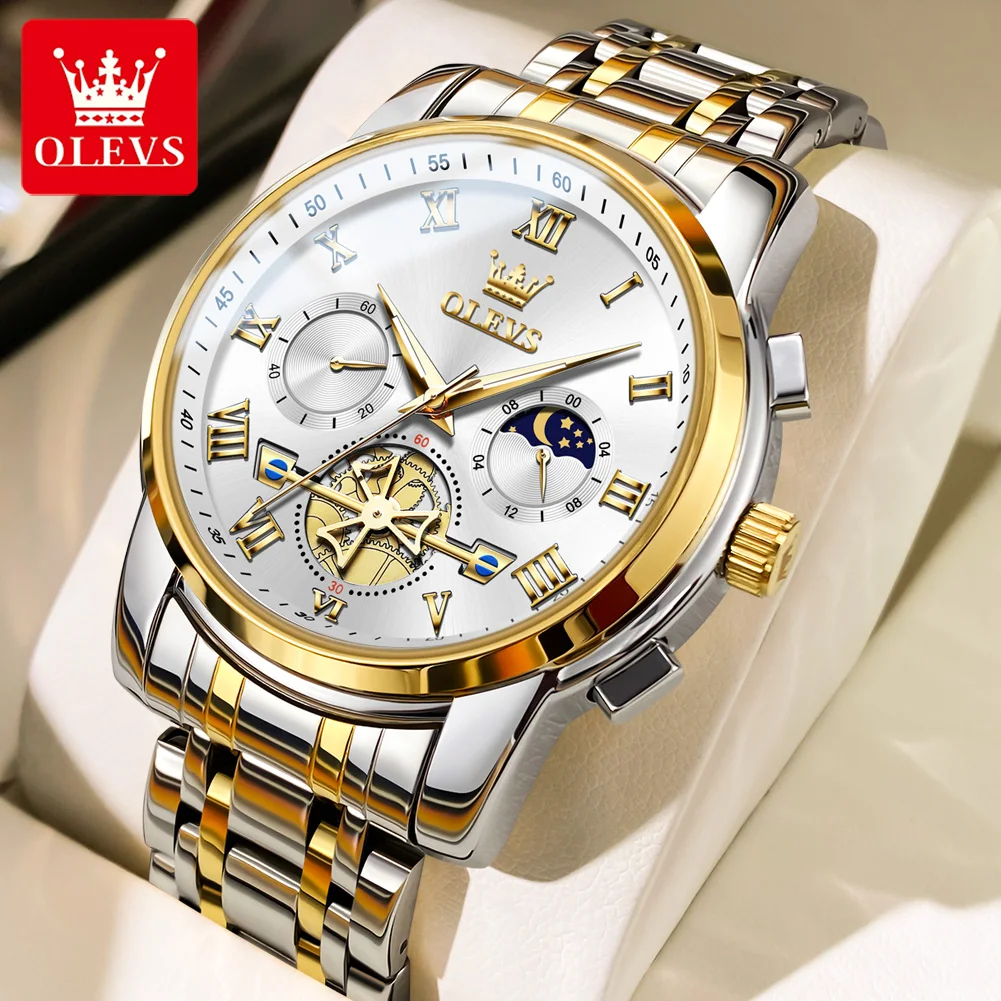 OLEVS Men\'s Watches Tourbillon Style Trend Fashion Original Quartz Wristwatch Waterproof Luminous Chronograph Moon Phase Clock