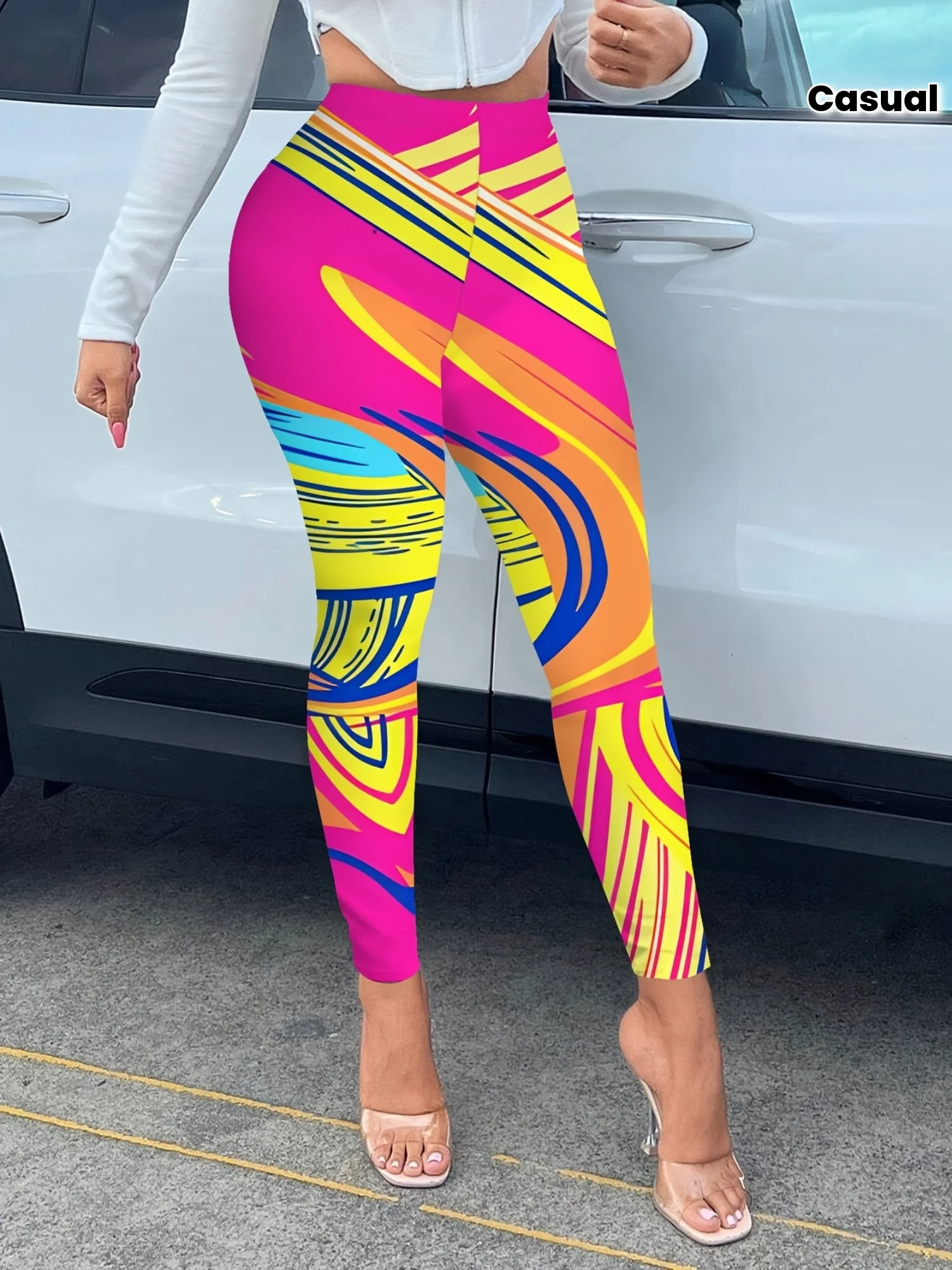 Women Mid‑Rise Fleece Lined Leggings Bright Color Geometric Line Print Slim Stretchy Casual Workout Yoga Pants