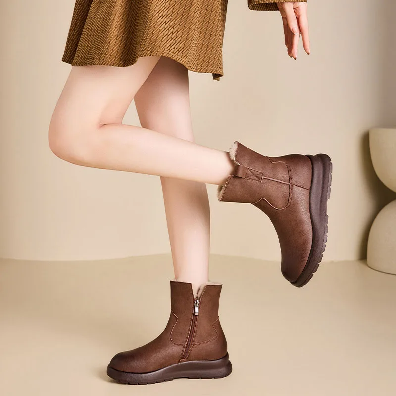 

XMWRLW 2025 Winter Women Snow Boots Genuine Leather Mid Calf Boots For Women Winter Warm Plush Shoes Snow Boot Woman Shoes Boot