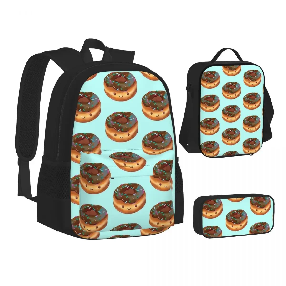 Happy Chocolate Frosted Donut Backpacks Bookbag Children School Bags Cartoon Kids Rucksack Lunch Bag Pen Bag Three-Piece Set