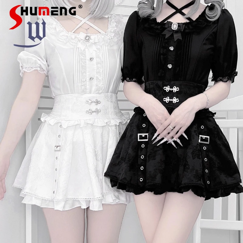 

Black and White Gothic Subculture Short Skirt Summer New Girl High Waist Slim A-line Skirts Women's Short Sleeve Halter Shirt
