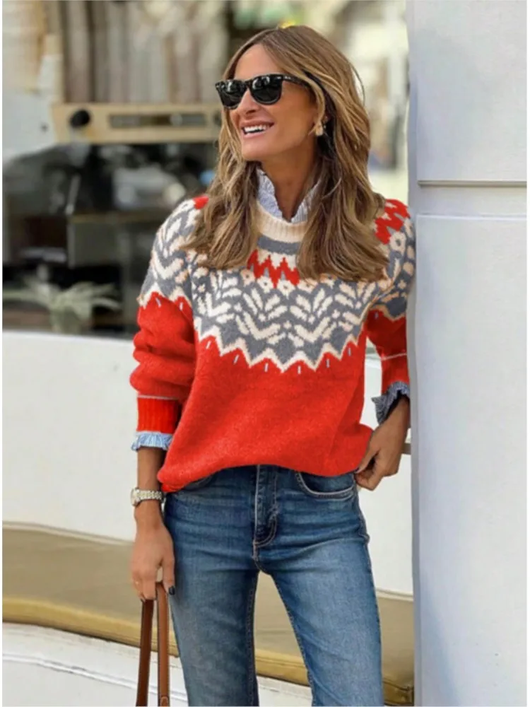 Maglione natalizio allentato da donna nuovo autunno inverno girocollo maglione pullover casual elegante di alta moda da donna in stile etnico