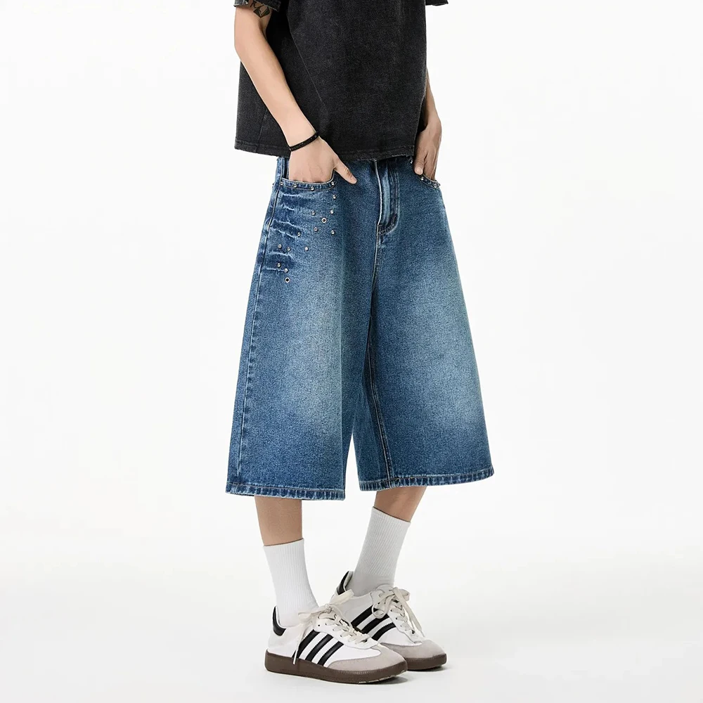 Verão novo masculino cor sólida em linha reta três quartos jeans americano retro moda tendência rua hip-hop solto casual bottoms masculinos