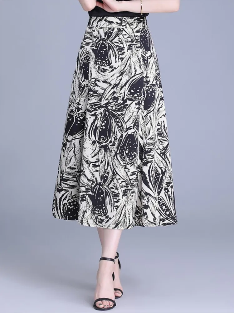 ZUZK Summer Printed A-LINE Skirts New Elastic High Waist Women Fashion Mid-Length Chiffon Skirt Cool Droop Skirt Jupe