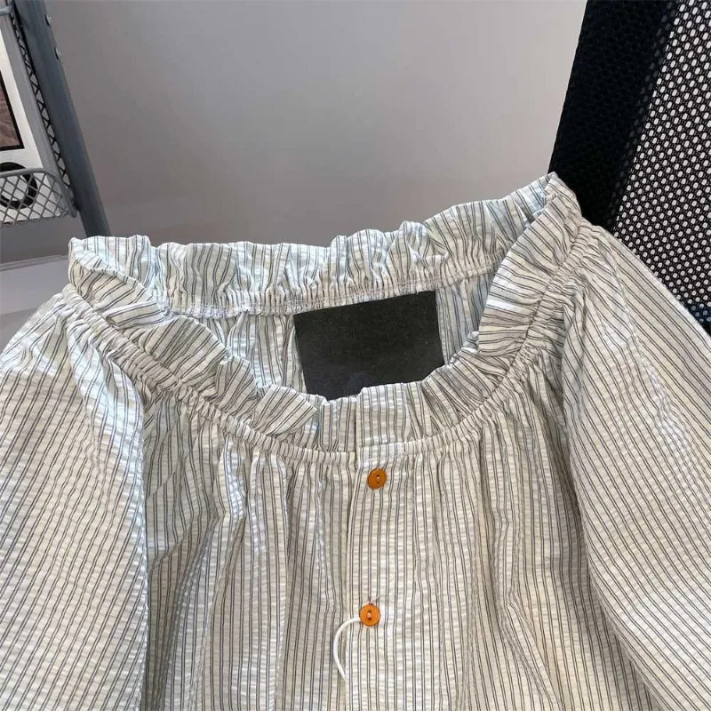 Ebaihui francês plissado colarinho feminino elegante camisa japonês listrado manga curta verão minimalista manga curta senhoras topo