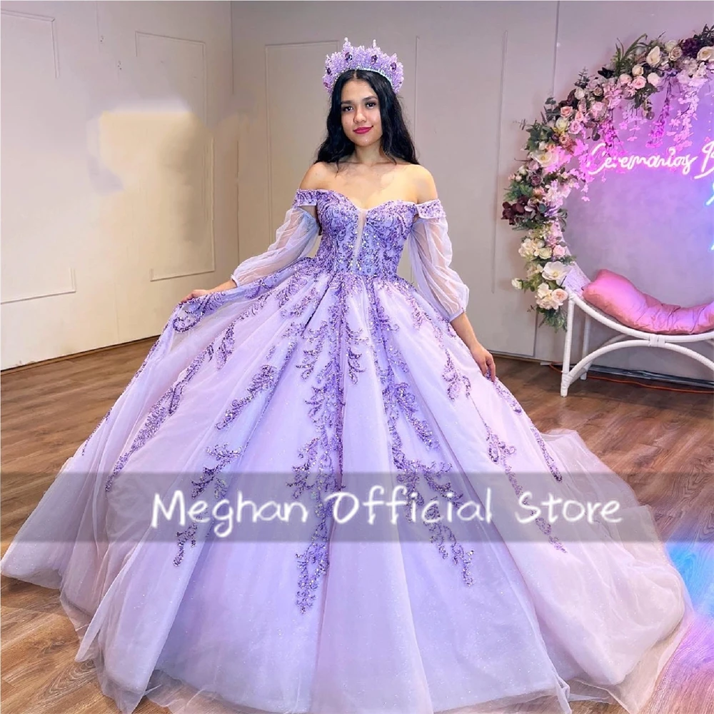 Purple Off The Shoulder Quinceanera Dress Ball Gown Bead Appliques 2024 Birthday Luxury Dress Sequin Graduation Gown With Sleeve