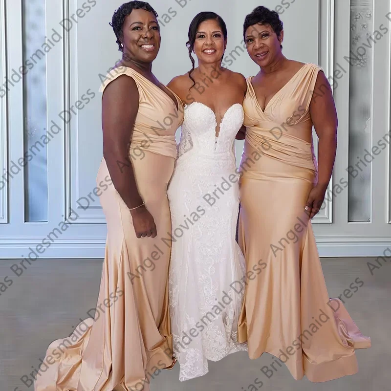 Mermaid V Neckline Champagne Bridesmaid Dresses for Wedding Customized Robe Mariage vestidos elegantes para mujeres fiesta largo