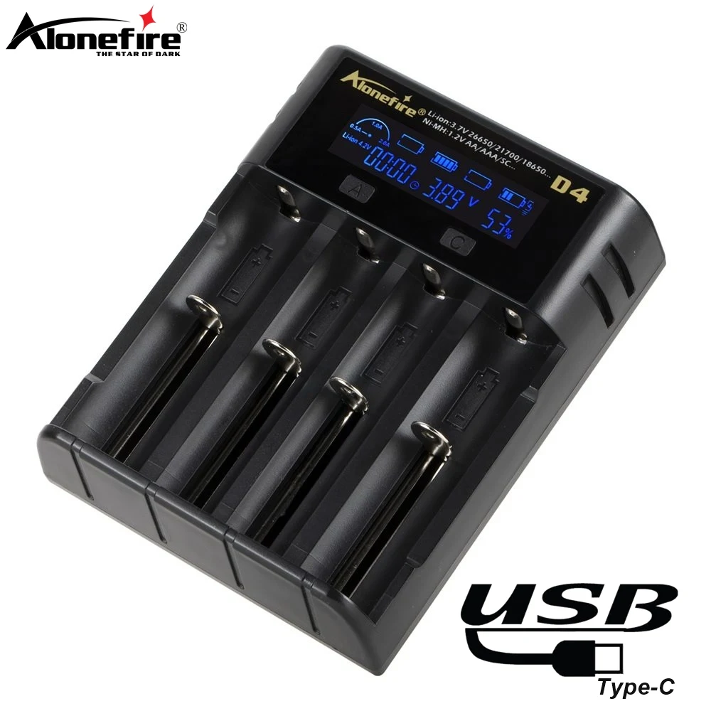 Alonefire D4 4-Channel 2A LCD Fast USB Charger for 1.2V Ni-MH/Ni-Cd AA AAA, 3.7V 26650/21700/18650 Flashlight Torch Battery