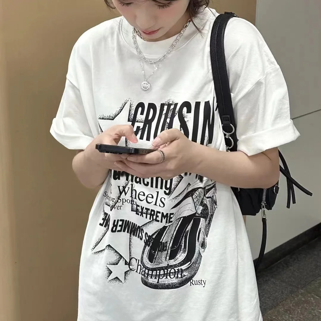 

brand M's 2025 summer new product, American-style vintage trendy racing car print, loose round neck short-sleeved T-shirt