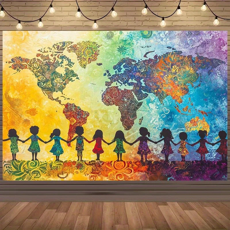Tapisserie murale 2D colorée avec carte du monde, enfants tenant la main, unité mondiale, art mural pour salle de classe, fond d'éducation paisible imprimé