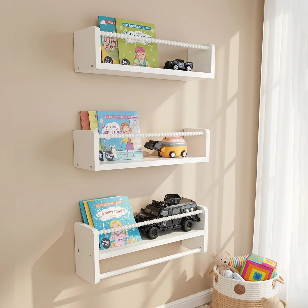 Wood Nursery Book Shelves, 15.7 Inch Floating Bookshelves for Wall Set of 3, Baby Kids Decor, Solid Wood Wall Mounted Shelves