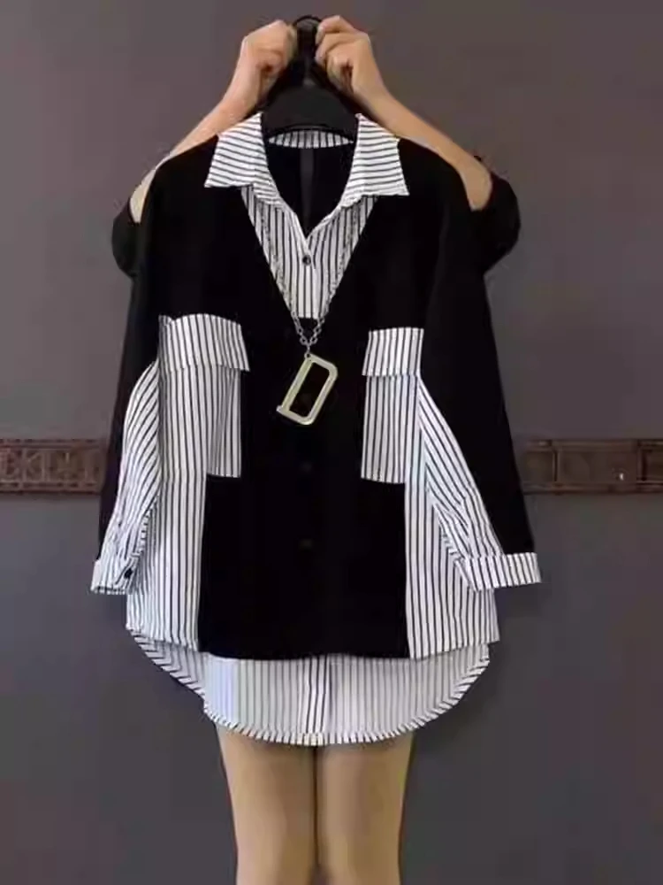 plus Size Women's Striped Shirt Loose Fit Conceal Meat Long Sleeve Korean Style Commute Wind Casual Daily Wear Button up