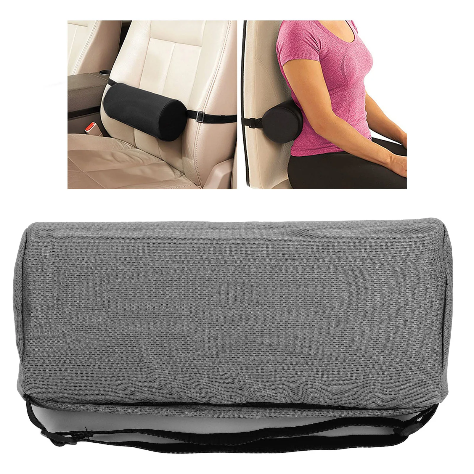 ZK30 Lumbar Roll Pillow Multifunctional Memory Foam Back Roll Waist Support Cylinder Pillow with Adjustable Strap Grey