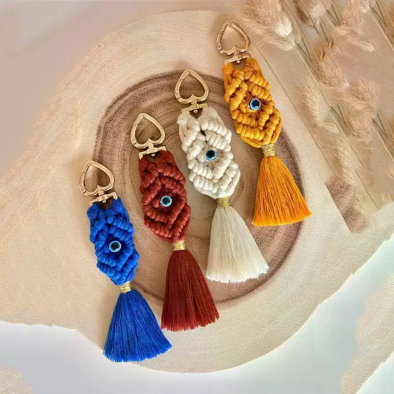 Macrame Eye Keychain Boho Hand Woven Tassel Bag Charm Vintage Ethnic Style Key Ring For Car Keys Purse Handbag Accessories