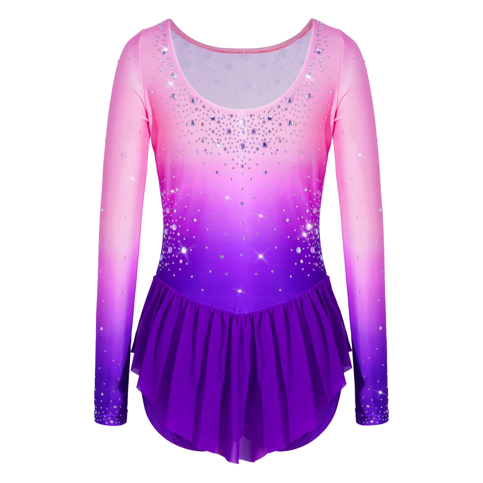 Kids Girls Ombre Gradient Gymnastics Leotard Figure Skating Ballet Dance Costume Long Sleeve Mesh Skirt Dress Performance Outfit