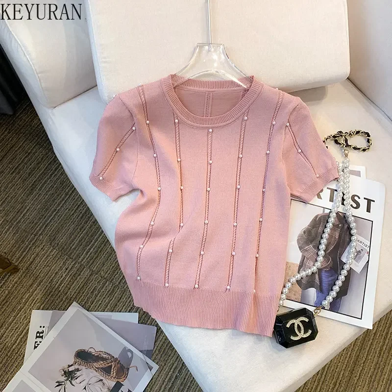 2024 Summer New Short Sleeve Sweater Women Ice Silk Knitted T-shirt Thin Slim O-Neck Peals Beading Pullover Knitwear Tops Tees