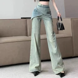 New irregular fake two-piece design with retro vintage straight leg jeans and wide leg pants ripped jeans denim