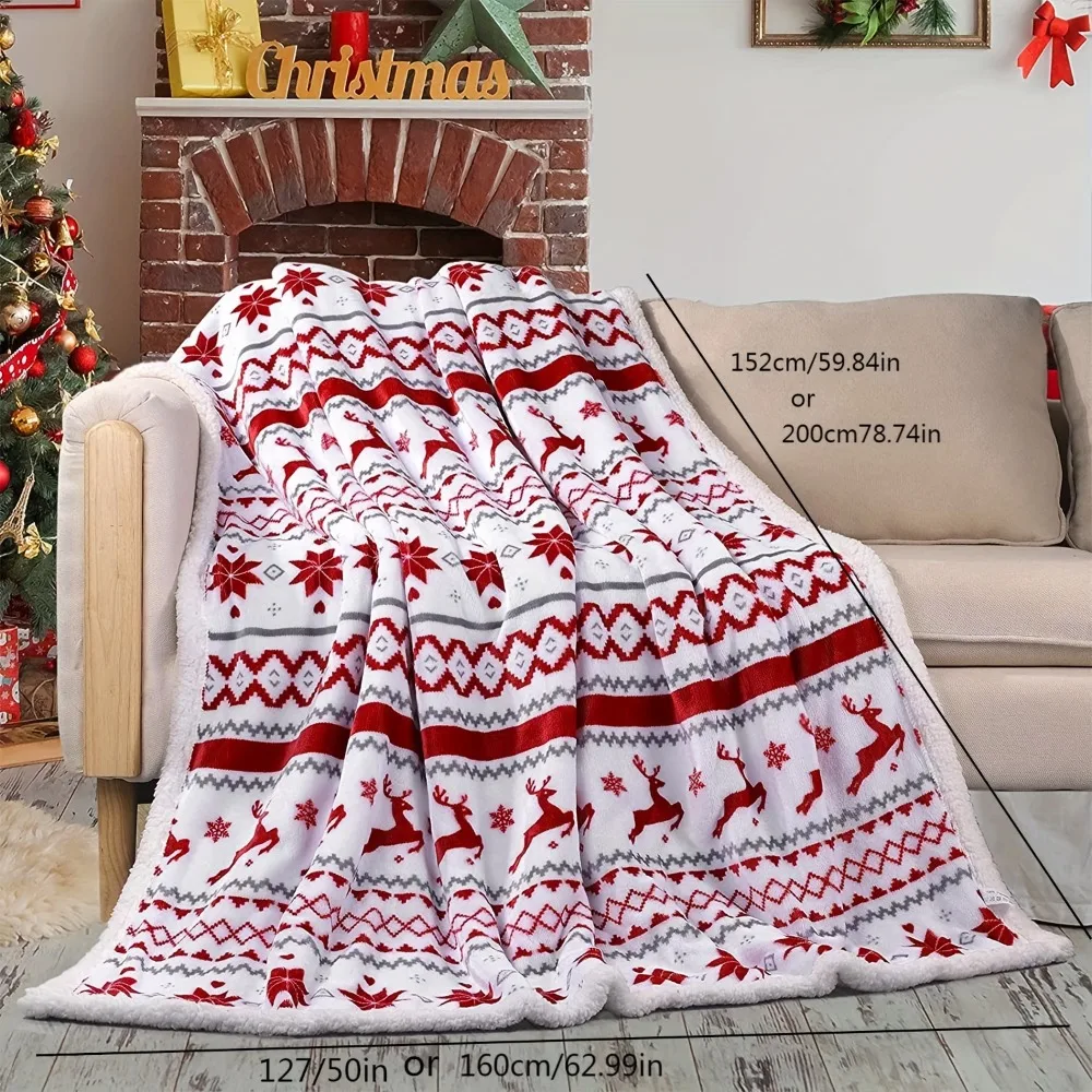 1pc Coperta di Natale Stile francese Renna Fiocco di neve Stampa 3D Coperta in pile di agnello Lavabile in lavatrice Regalo di compleanno Arredamento camera da letto