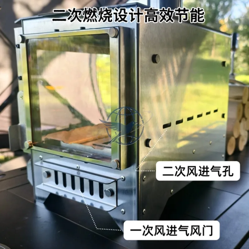Outdoor camping wood stove stainless steel enclosure secondary air intake table tent heating boiling water folding oven