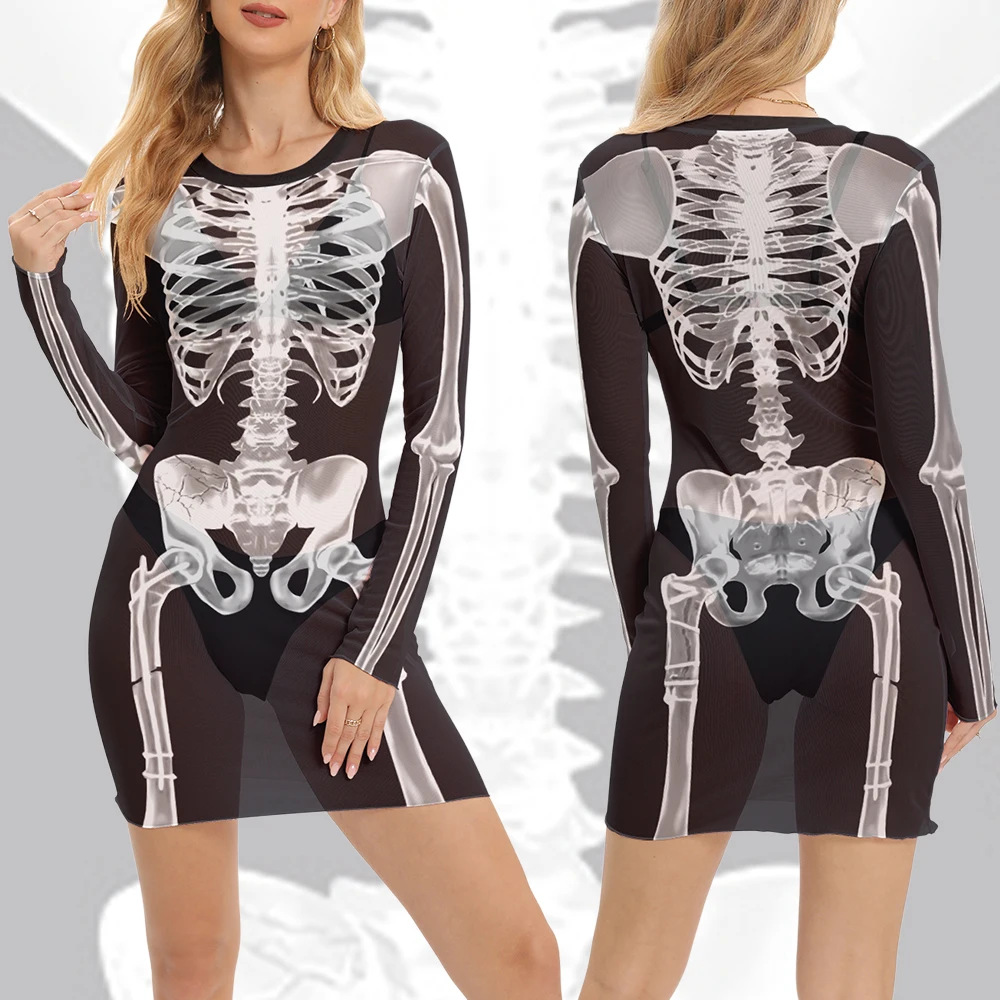 Festival Skeleton Mini Dress Women Sexy Black Mesh Dress Halloween Cosplay Gown Ghost Outfit Carnival Party Gothic Dress Up