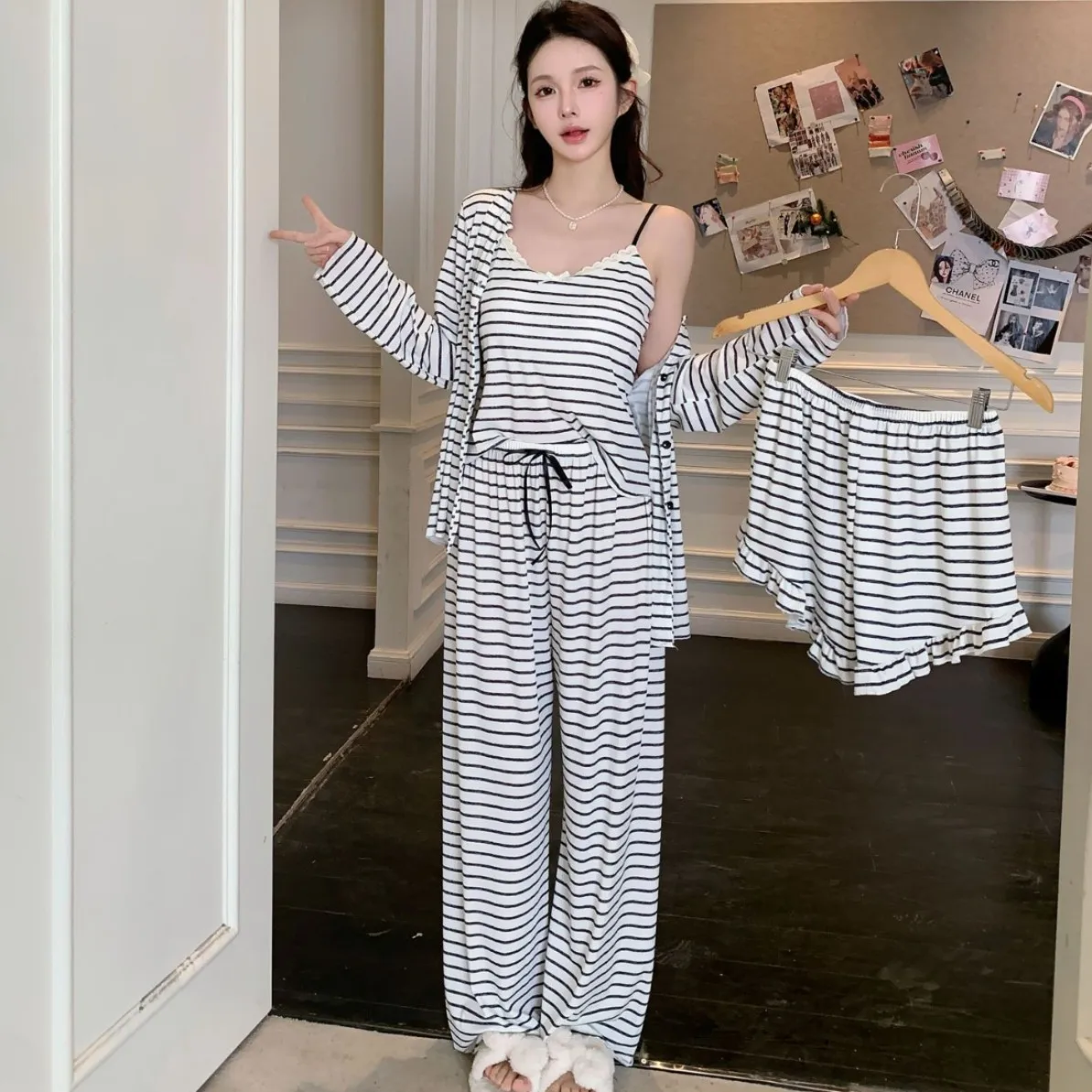 

Роскошный топ на подтяжках, брюки, халат в полоску с принтом, комплект для сна, женские атласные пижамы, сексуальная ночная рубашка из искусственного шелка, женская домашняя одежда для отдыха, 4 шт.