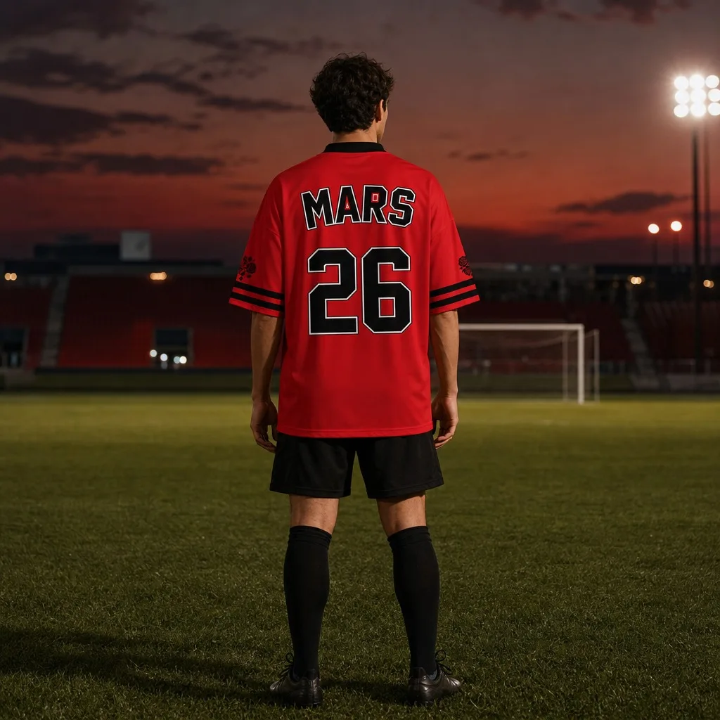 Oversized Red V-neck Sports Shirt Men's Short Sleeved Rose Sleeves  26 Number MARS Back Print Loose Street Hip-Hop Soccer Top