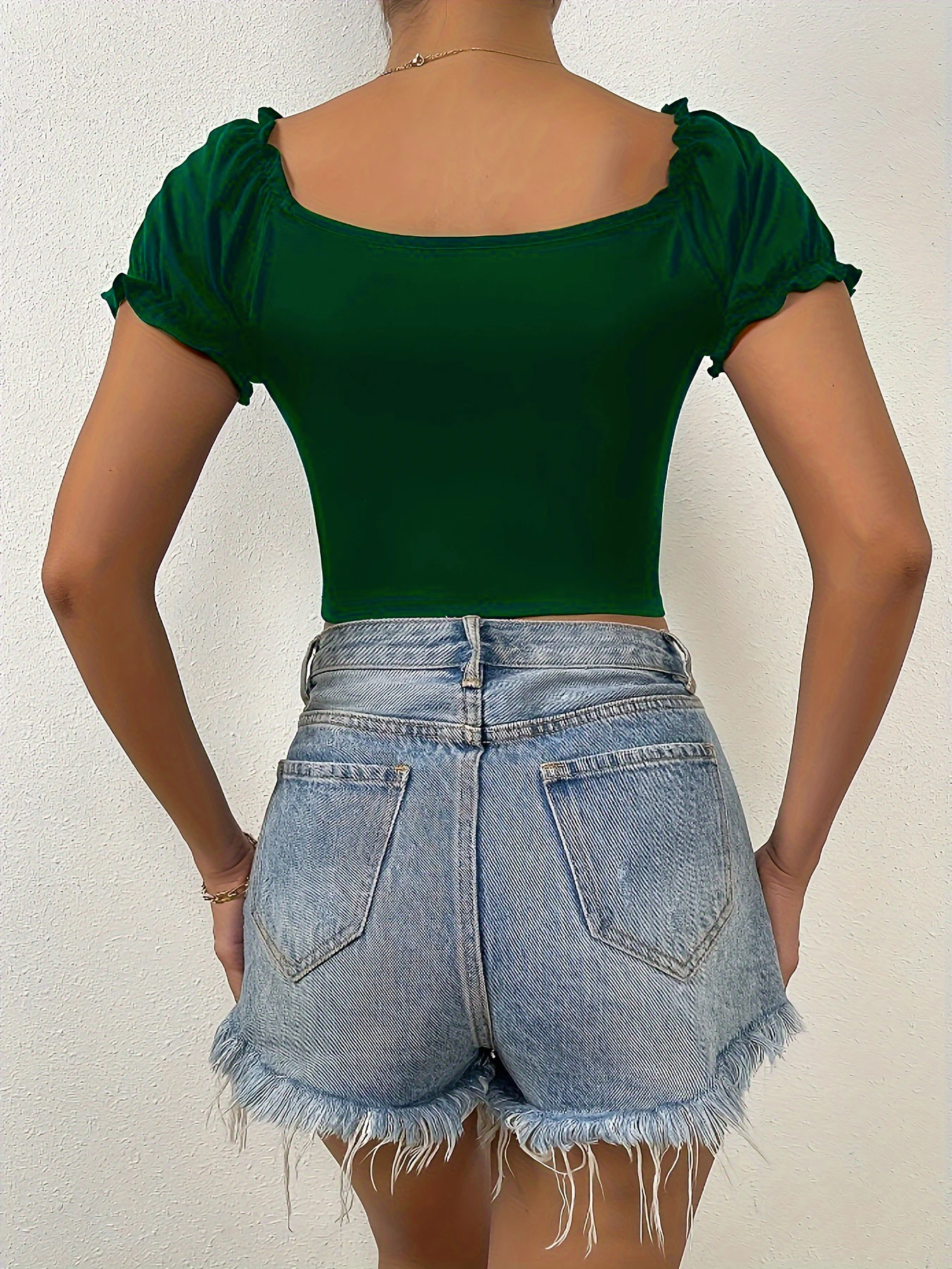 Fashion Square Collar Slim Lace Short-Sleeved Short T-Shirt Pleated Design Pure Color Top