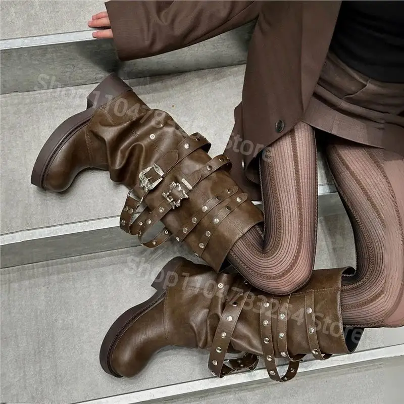 

Retro Spicy Girl Rivet Pant Boot round Head Slim Long Boot Small Design Sense Knight Boot High Tube Faionable Street 2025 Winter