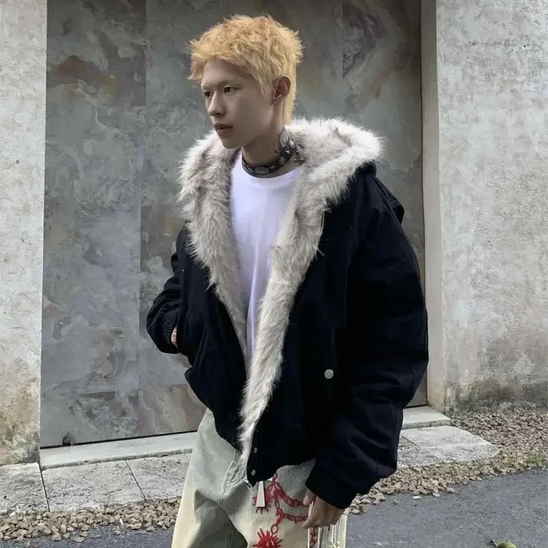 Rua hip-hop gótico harajuku jaqueta oversize casaco americano retro gola de lã com capuz jaqueta de algodão inverno grosso pelúcia topo masculino