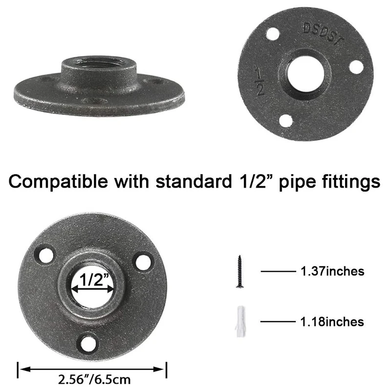 A93E-1/2 Inches Malleable Cast Iron Pipe Flange, 1/2 Inches Black Pipe Threaded Pipe Nipples, 8 Pcs
