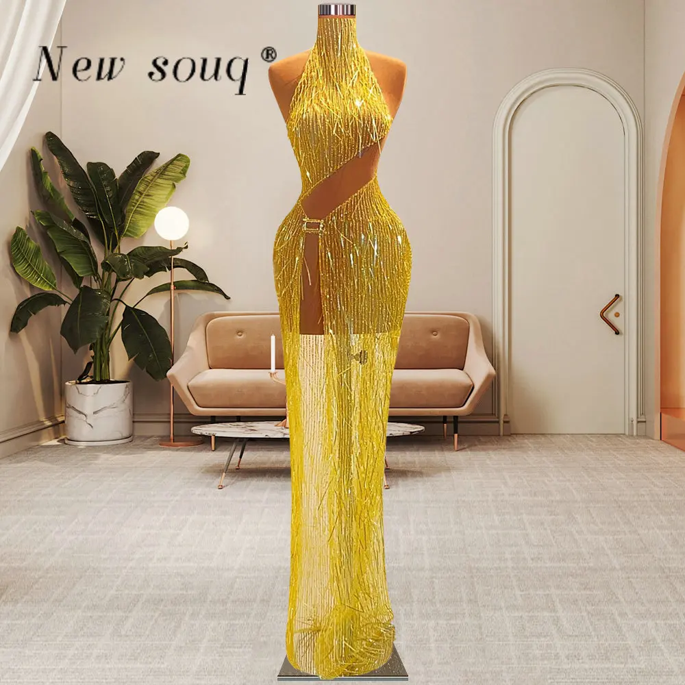 Sexy Illusion High Slit Yellow High Neck Evening Dresses Sleeveless Long Sparkle Sequin Women Prom Gowns Straight Fitted Outfits