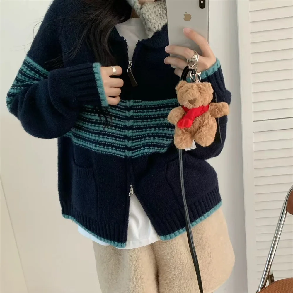 

Women Knitted Cardigan Sweaters Striped Jumpers Zipper Pocket Long Sleeves Turn Down Collar Loose Fit Casual 2025 Autumn Winter