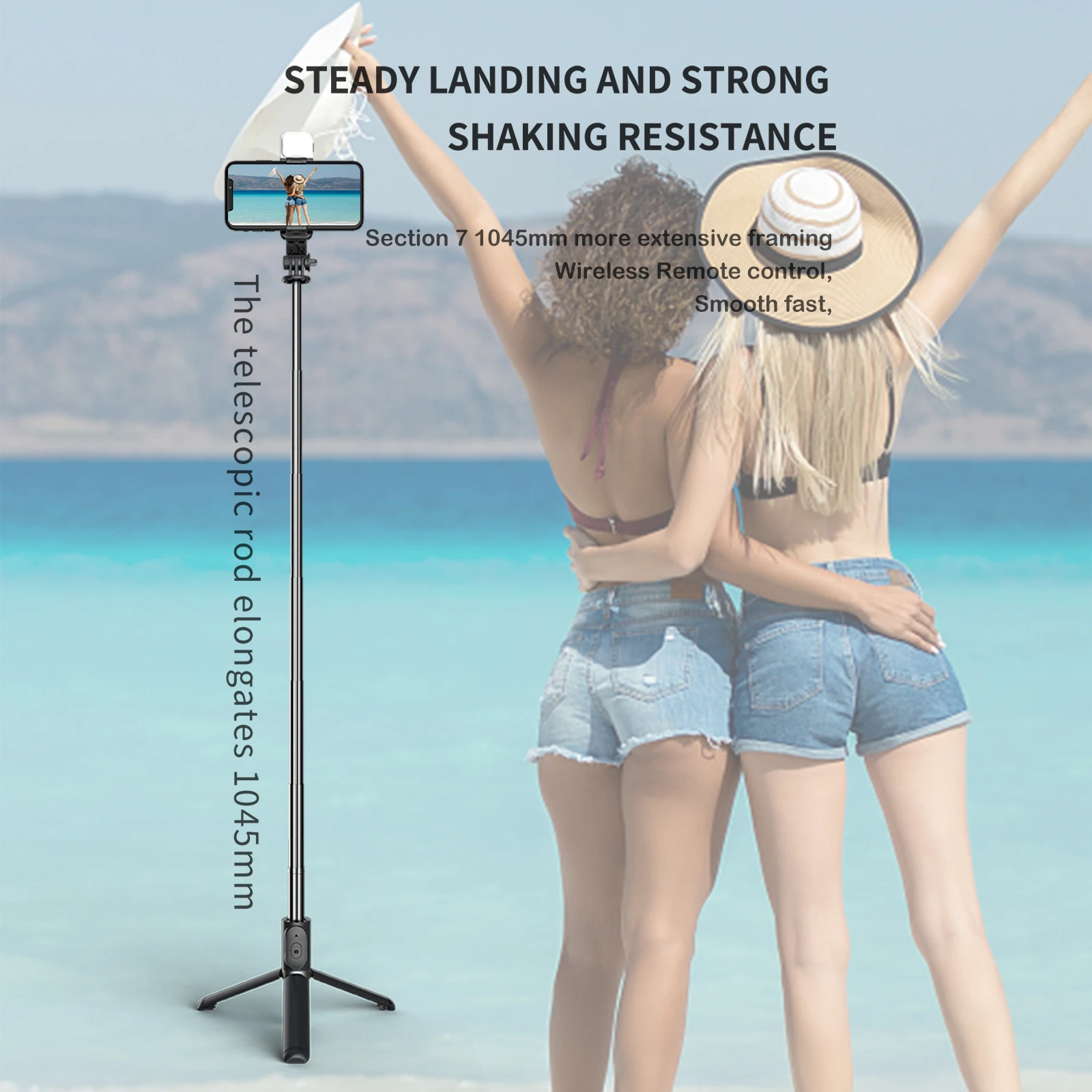 Cell Phone Selfie Stick Tripod with Wireless Bluetooth Remote Beauty Fill Light Extendable Phone Stand Live Streaming Video