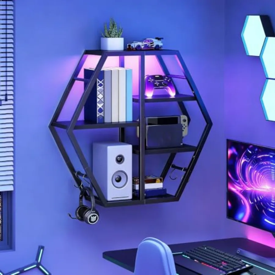 

HOOBRO Gaming Floating Shelves with LED Lights, Gaming Wall Mounted Shelf, Hexagonal Display Rack for Wall Storage, Floating Ra