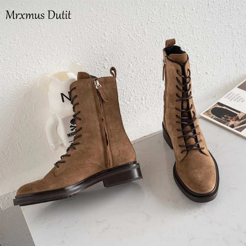 Mrxmus Dutit  2023 Autumn Winter Fashion New Women Genuine Leather Lacing Flat Short Boots Round Head Simple Casual Short Female