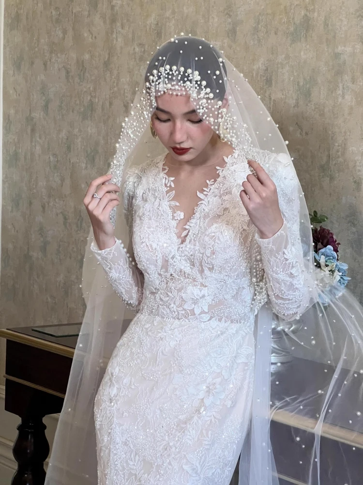 Perły Welon Ślubny Tiulowy 1T Welon Ślubny Elegancki Luksusowy Z Koralikami Welon dla Panny Młodej Welony dla Druhen Bez Grzebienia Na Zamówienie