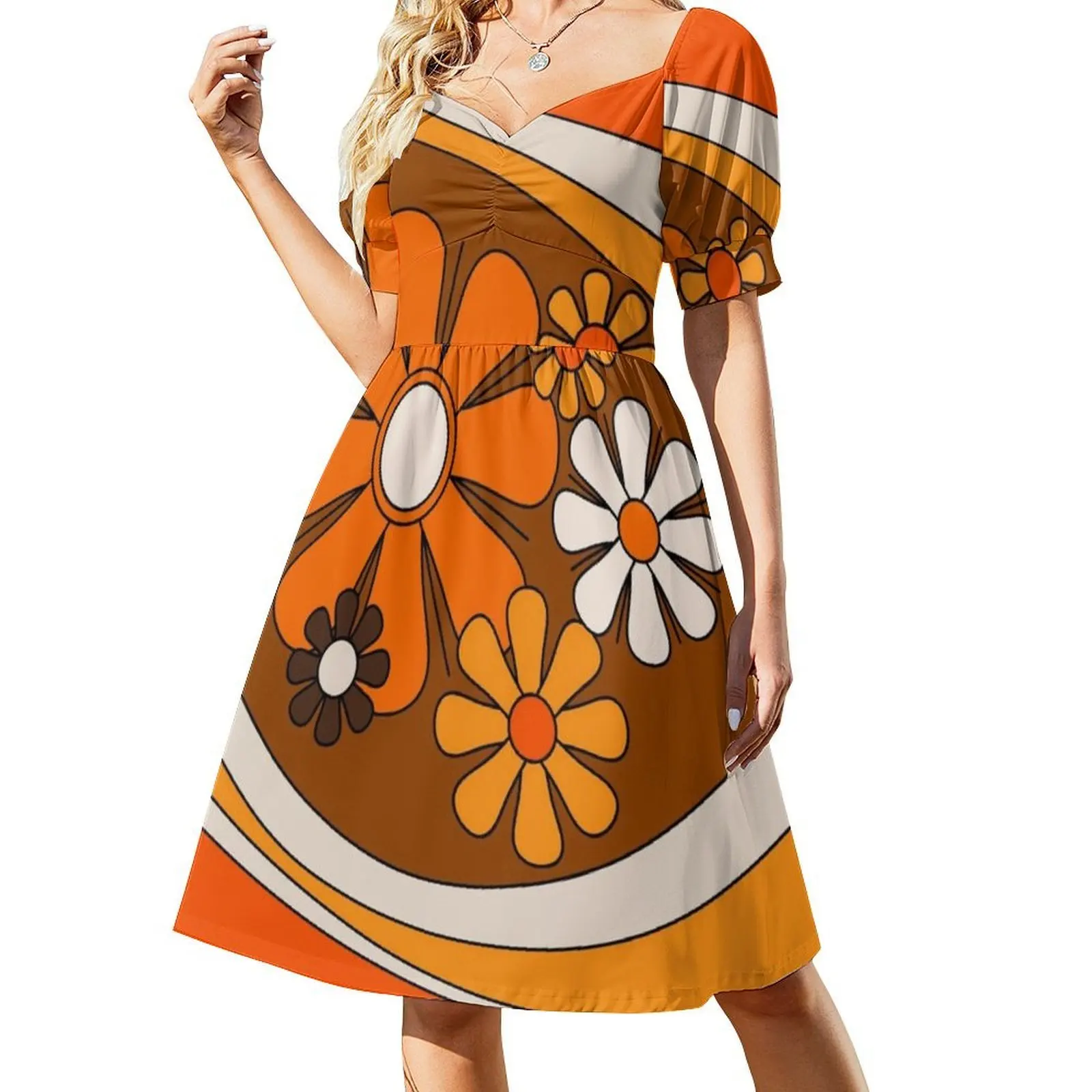 الأزهار Daydream نمط الرجعية في 70S البرتقالي والبني المرأة فستان الحفلات الأنيقة ألف خط فستان مع قصيرة/طويلة/أكمام #2