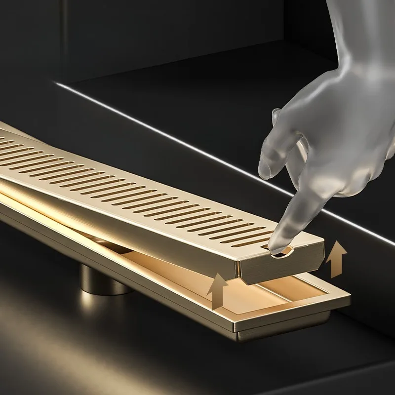Large Displacement 304 Stainless Steel Floor Drain, Golden Long Strip Anti Odor Shower Room, Balcony, Rectangular Bathroom