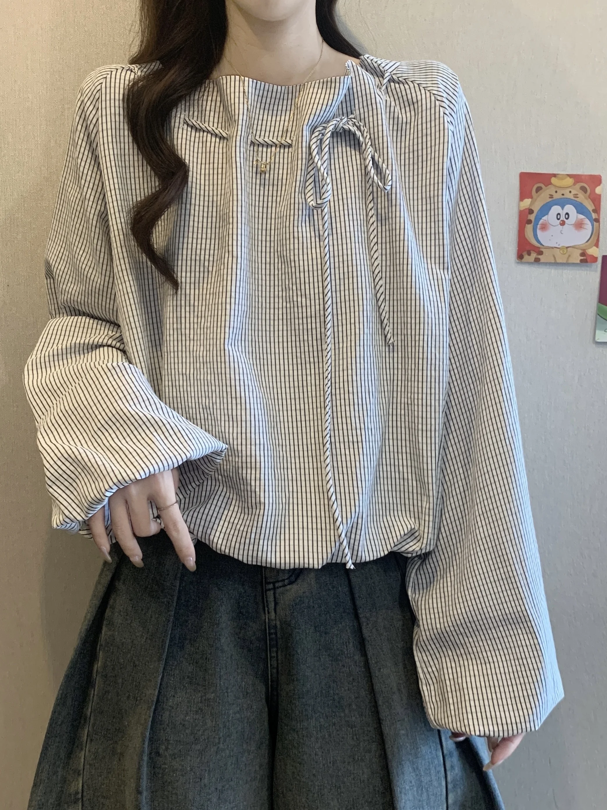 

Slimming Short Striped Shirt Women's Long Sleeve Knot Design Spring 2026 plus Size Comfortable Breathable Basic Top Korean Style