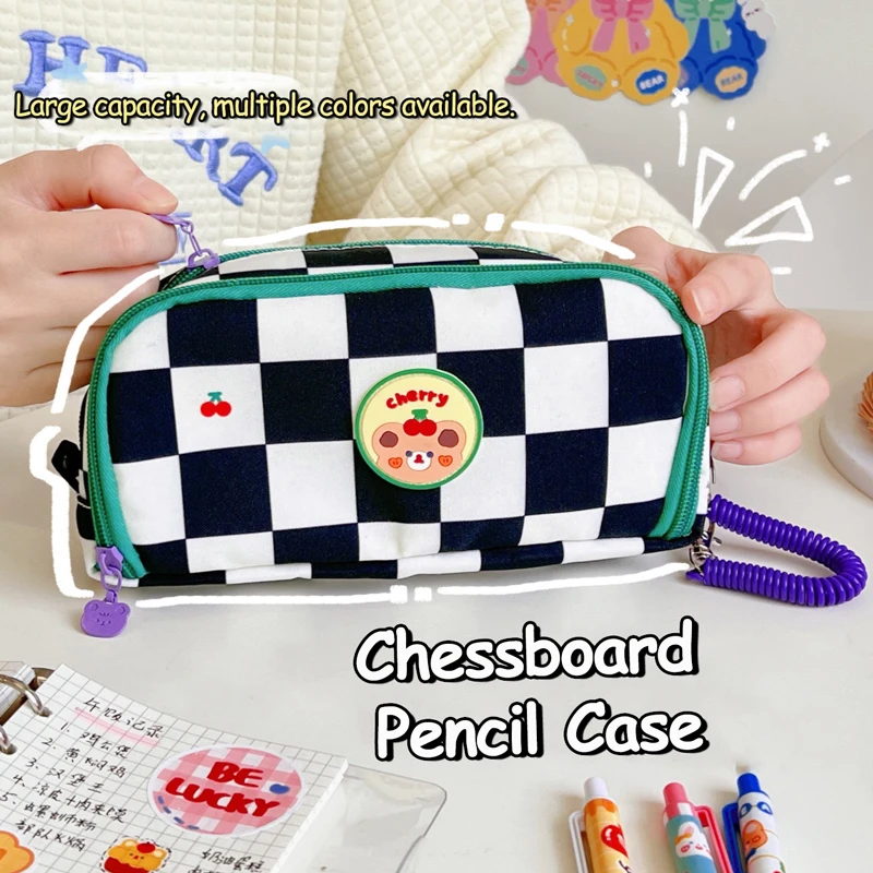 Sac à Crayons à Carreaux de Grande Capacité, Noir et Blanc, Étui à Crayons Kawaii, Poudres Mignonnes, Fournitures Scolaires de Papeterie Coréenne