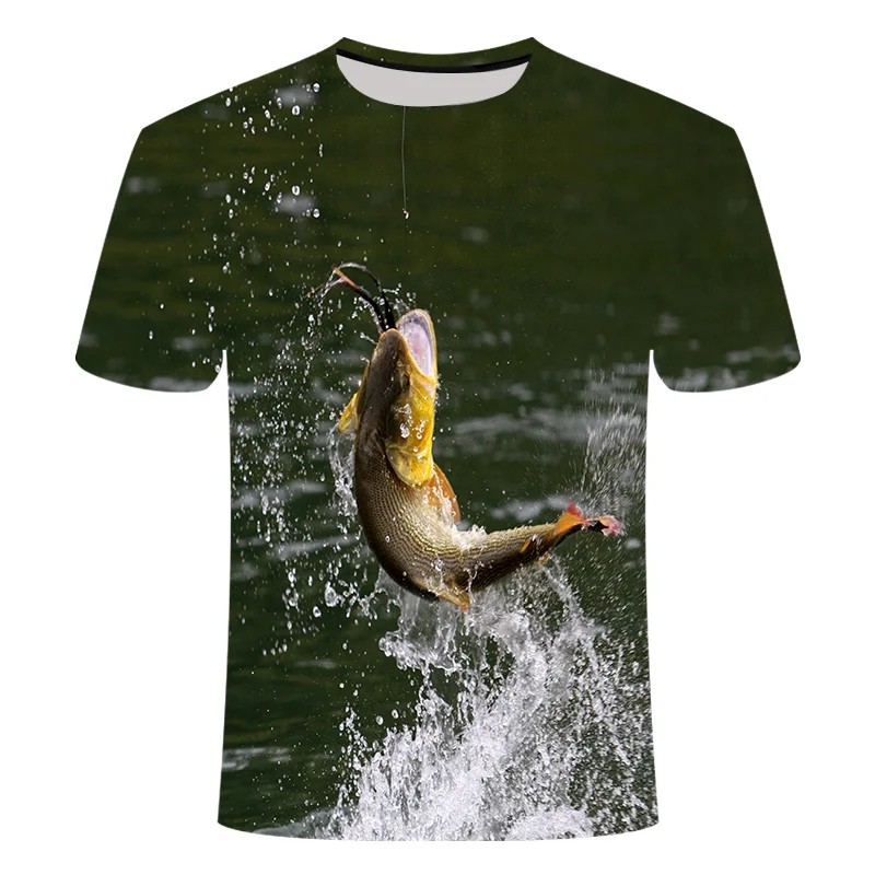 New Tide Summer Fashion Fishing Picture T-shirts Casual Print Tees Hip Hop Personality Round Neck Short Sleev Tops