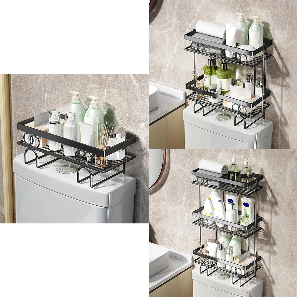 Over Toilet Storage Shelf Bathroom Storage Organizer With No Drill Adhesive Hook Metal Punch-Free Toilet Tank Organizer Rack