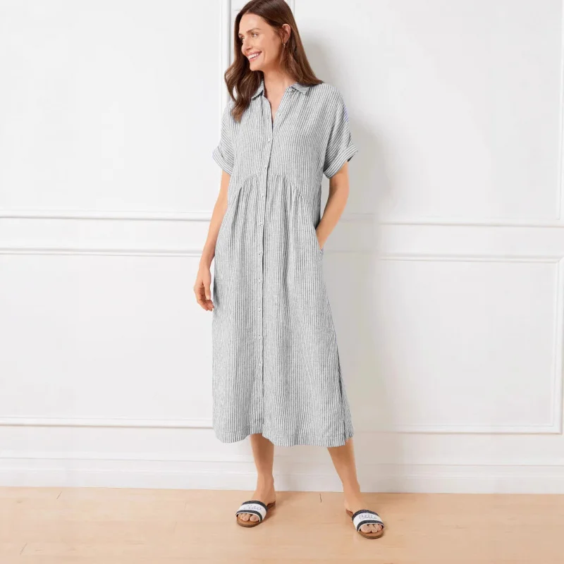 Abito camicia a righe da donna taglie forti - Abito midi in misto lino a maniche corte vestibilità ampia per l'estate