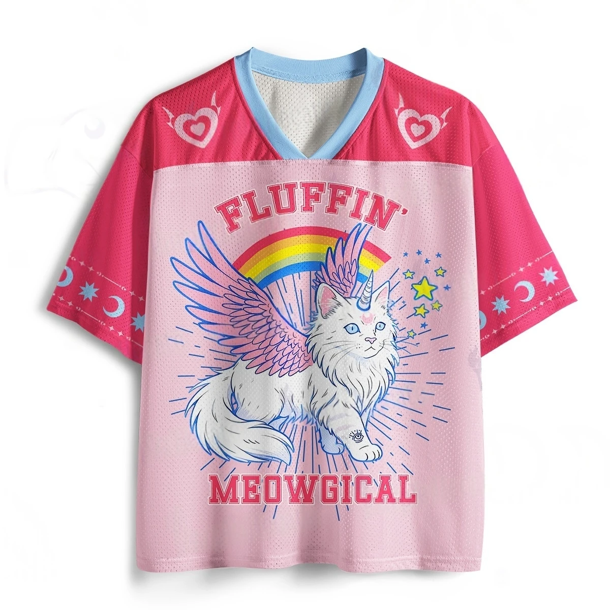 Magical Unicorn Cat Knitted Rainbow Wings Printed Pink Mesh V-neck T-shirt Suitable for Adults and Children Cute Casual Top
