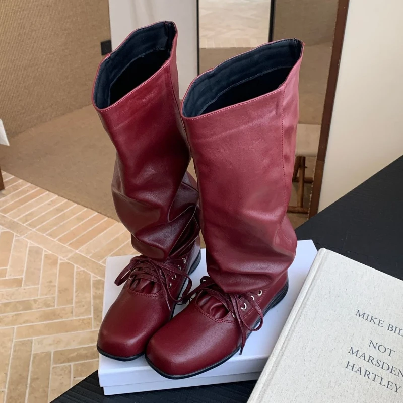 

Брендовые дизайнерские длинные сапоги Женские высокие рыцарские сапоги на шнуровке с квадратным носком Уличный стиль Модные новые осенние женские сапоги до колена