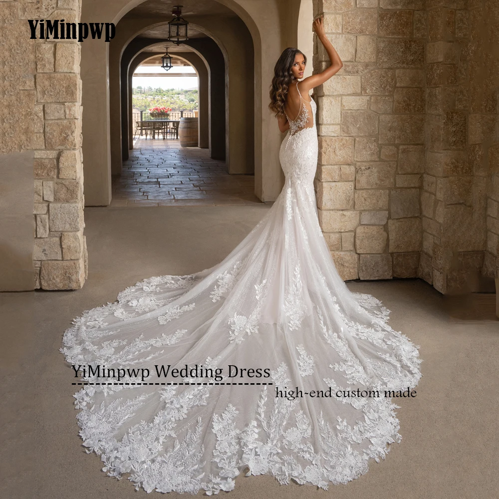 Vestidos De novia brillantes encantadores sin espalda 2026 mujer nupcial sirena tirantes espagueti apliques De tul bata De boda personalizada