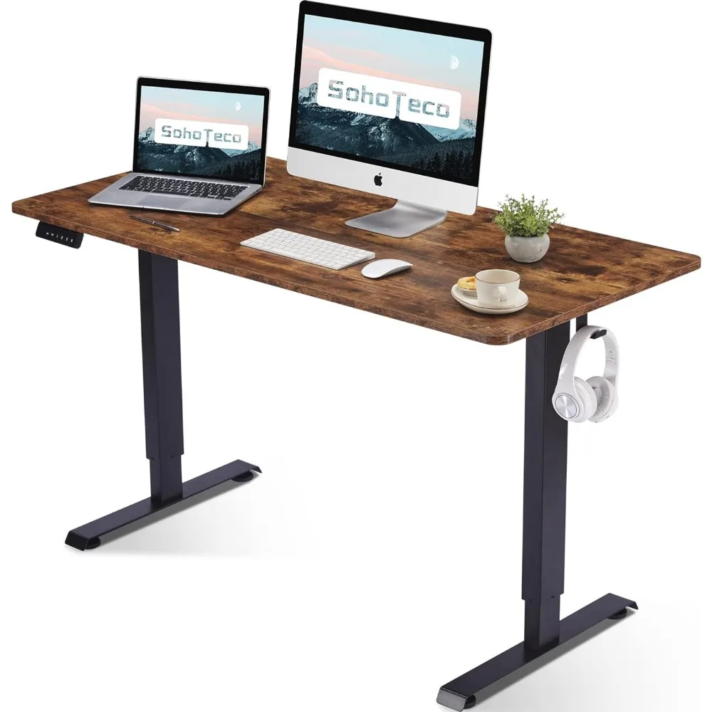 Electric Stand Up Desk, 48x24 Computer Desk with Memory Presets for Home and Office, Black Frame & Brown Desktop