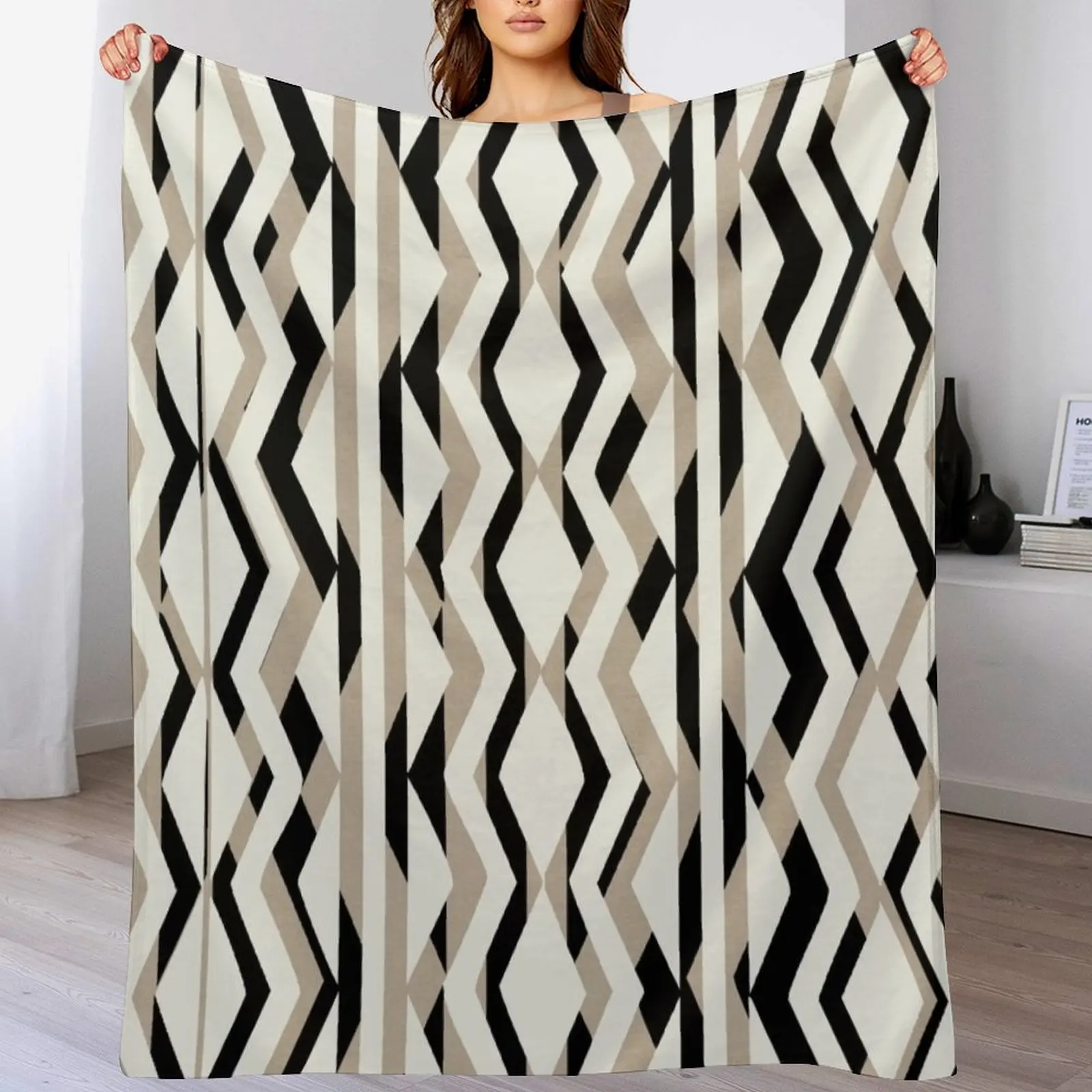 

Decorative Bold Cream Beige Black Geometric Pattern Throw Blanket Sofa Quilt Hair Moving Blankets